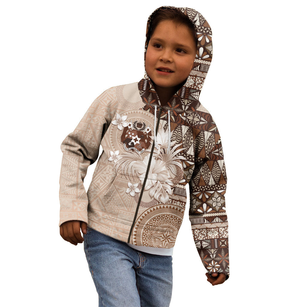 Tonga Ngatu Motifs Kid Hoodie With Coat Of Arms Beige