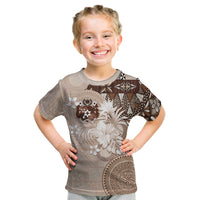 Tonga Ngatu Motifs Kid T Shirt With Coat Of Arms Beige LT05 Beige - Polynesian Pride