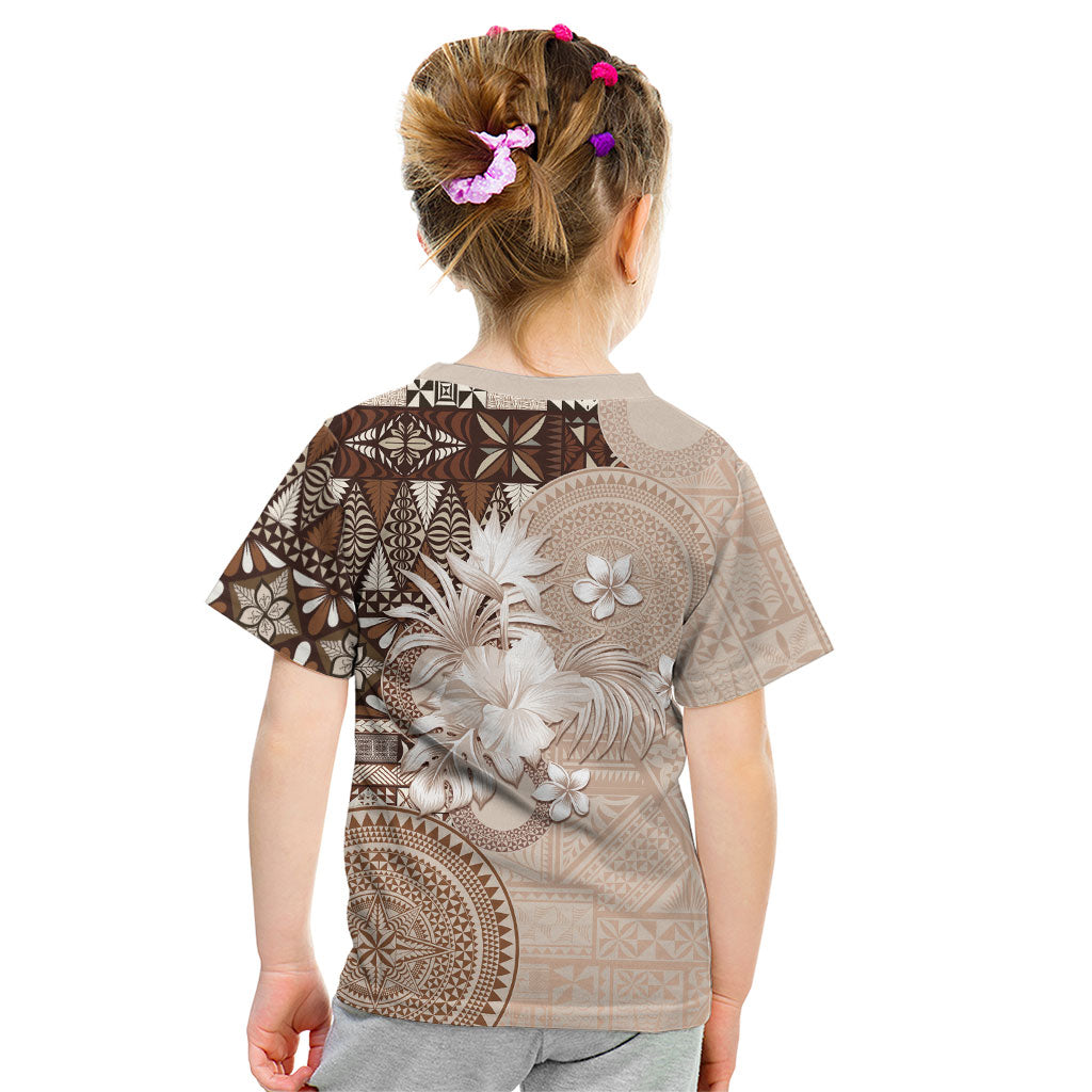 Tonga Ngatu Motifs Kid T Shirt With Coat Of Arms Beige LT05 - Polynesian Pride