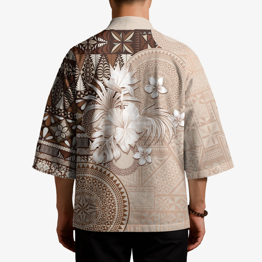 Tonga Ngatu Motifs Kimono With Coat Of Arms Beige