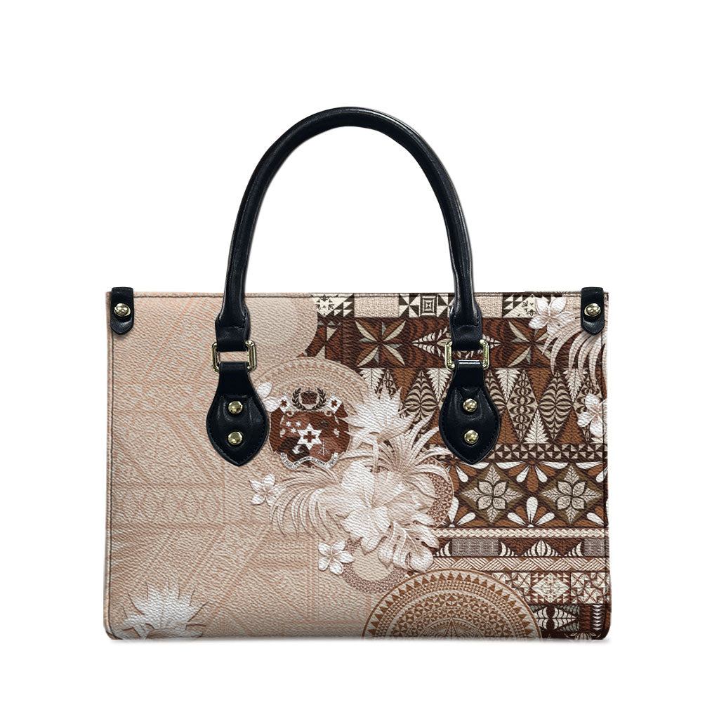 Tonga Ngatu Motifs Leather Bag With Coat Of Arms Beige
