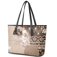 Tonga Ngatu Motifs Leather Tote Bag With Coat Of Arms Beige