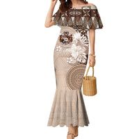 Tonga Ngatu Motifs Mermaid Dress With Coat Of Arms Beige