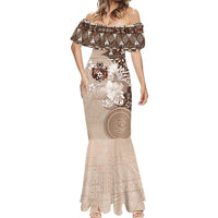 Tonga Ngatu Motifs Mermaid Dress With Coat Of Arms Beige