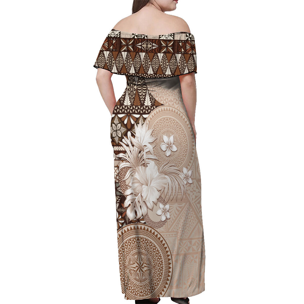 Tonga Ngatu Motifs Off Shoulder Maxi Dress With Coat Of Arms Beige