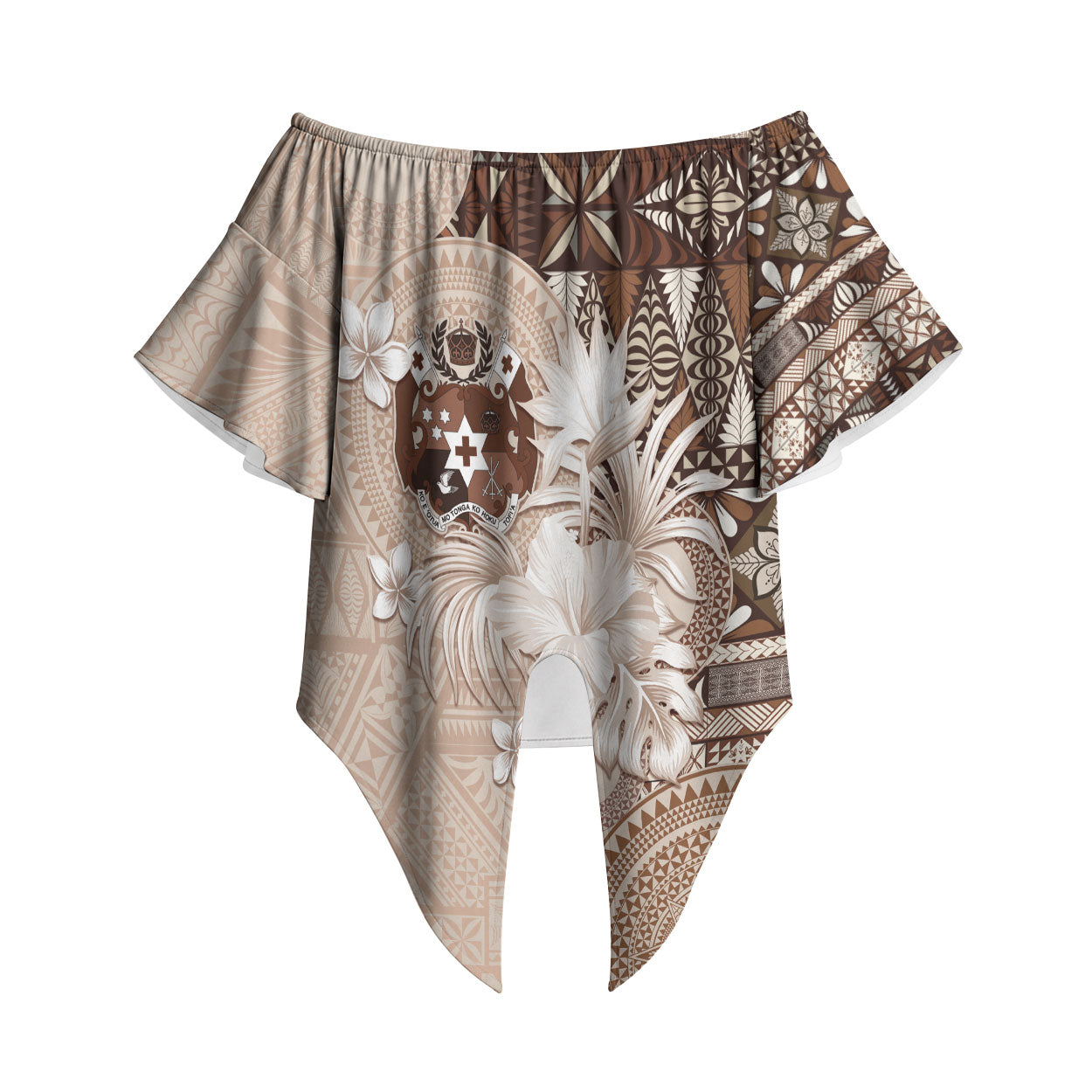 Tonga Ngatu Motifs Off Shoulder Wrap Waist Top With Coat Of Arms Beige LT05 Beige - Polynesian Pride