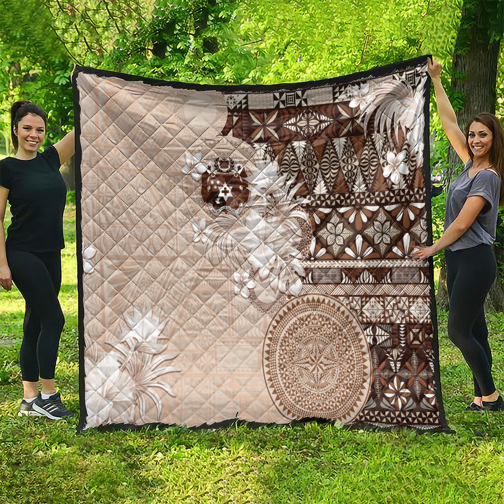Tonga Ngatu Motifs Quilt With Coat Of Arms Beige LT05 - Polynesian Pride