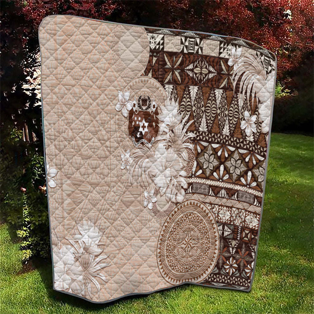 Tonga Ngatu Motifs Quilt With Coat Of Arms Beige LT05 - Polynesian Pride