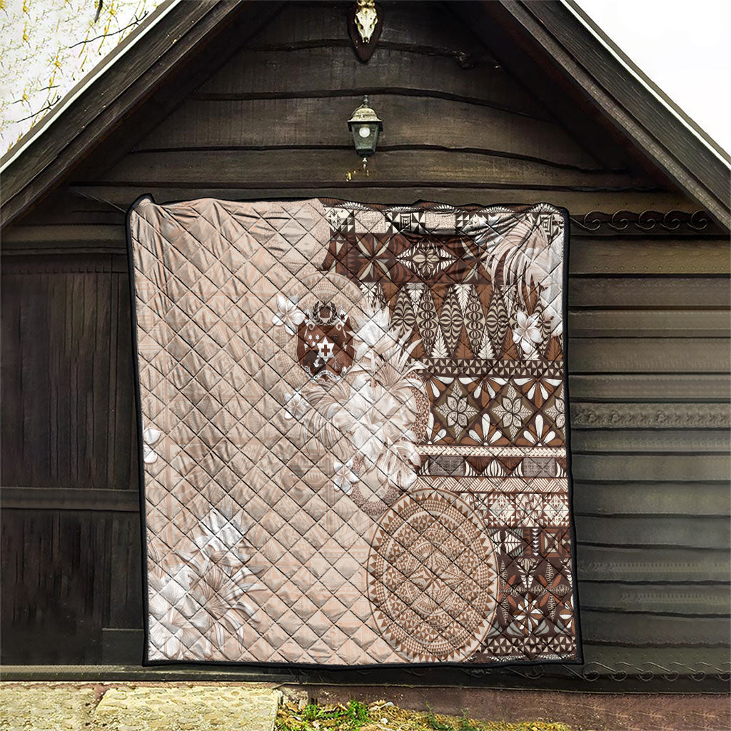 Tonga Ngatu Motifs Quilt With Coat Of Arms Beige LT05 - Polynesian Pride