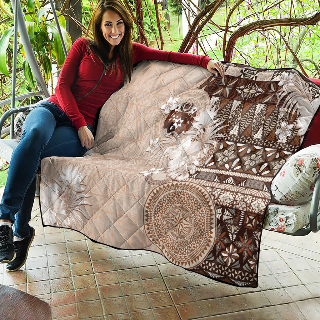 Tonga Ngatu Motifs Quilt With Coat Of Arms Beige LT05 - Polynesian Pride