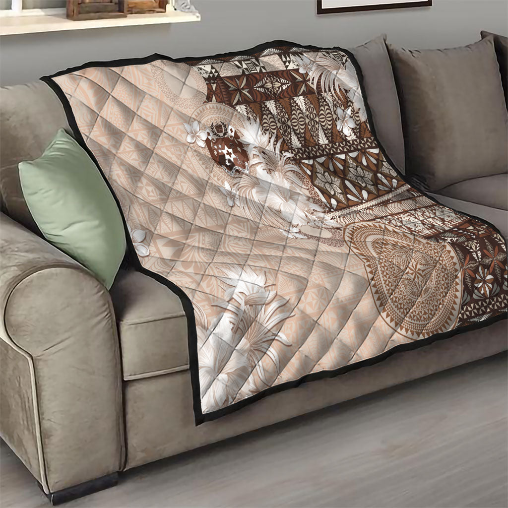 Tonga Ngatu Motifs Quilt With Coat Of Arms Beige LT05 - Polynesian Pride
