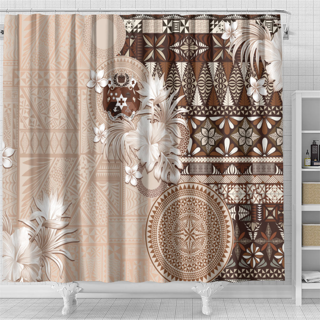 Tonga Ngatu Motifs Shower Curtain With Coat Of Arms Beige