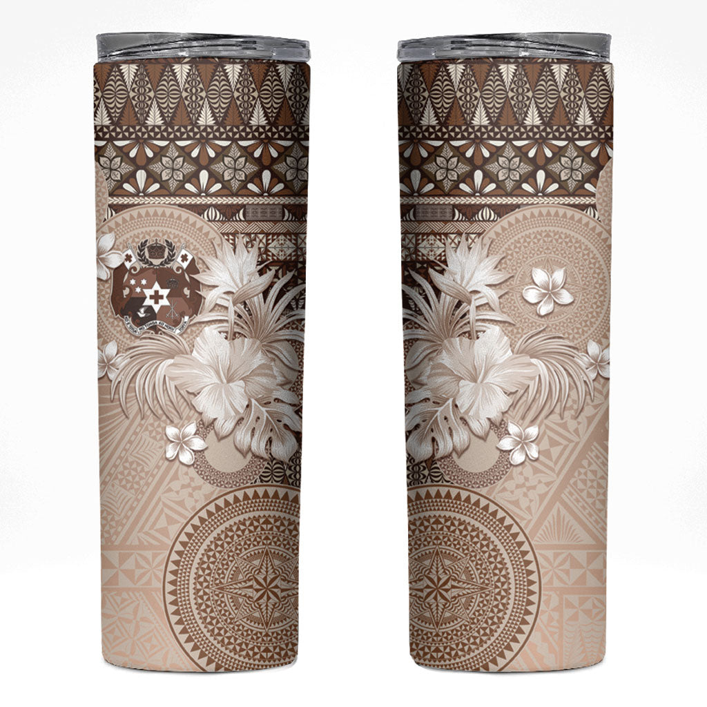 Tonga Ngatu Motifs Skinny Tumbler With Coat Of Arms Beige LT05 Beige - Polynesian Pride