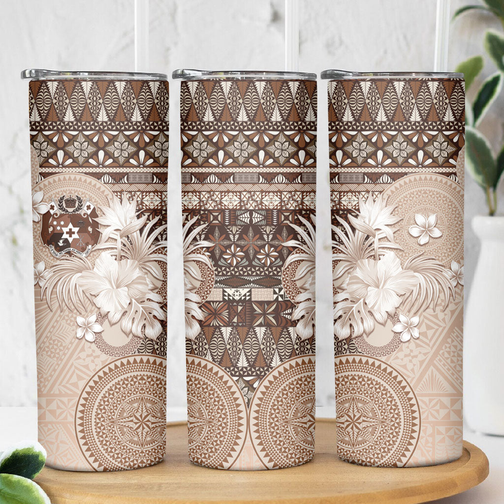 Tonga Ngatu Motifs Skinny Tumbler With Coat Of Arms Beige LT05 - Polynesian Pride
