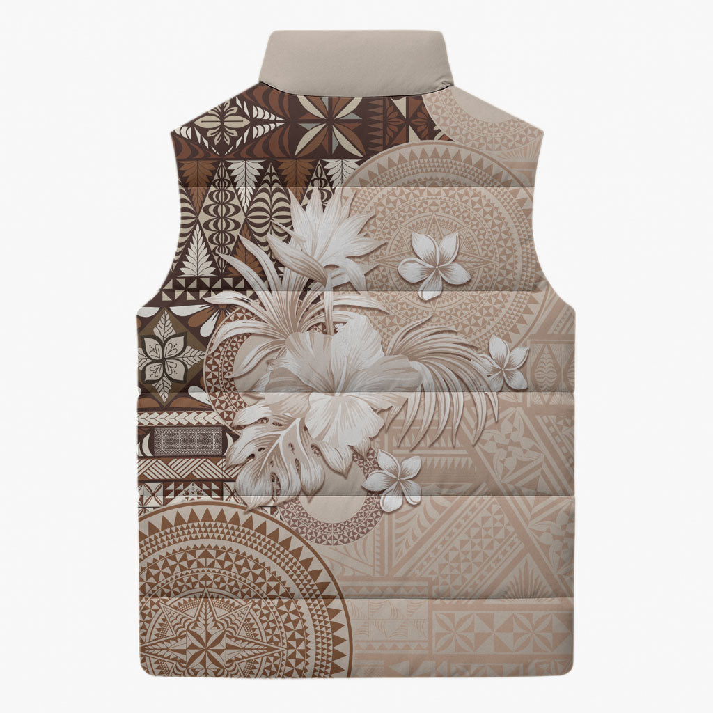 Tonga Ngatu Motifs Sleeveless Puffer Jacket With Coat Of Arms Beige