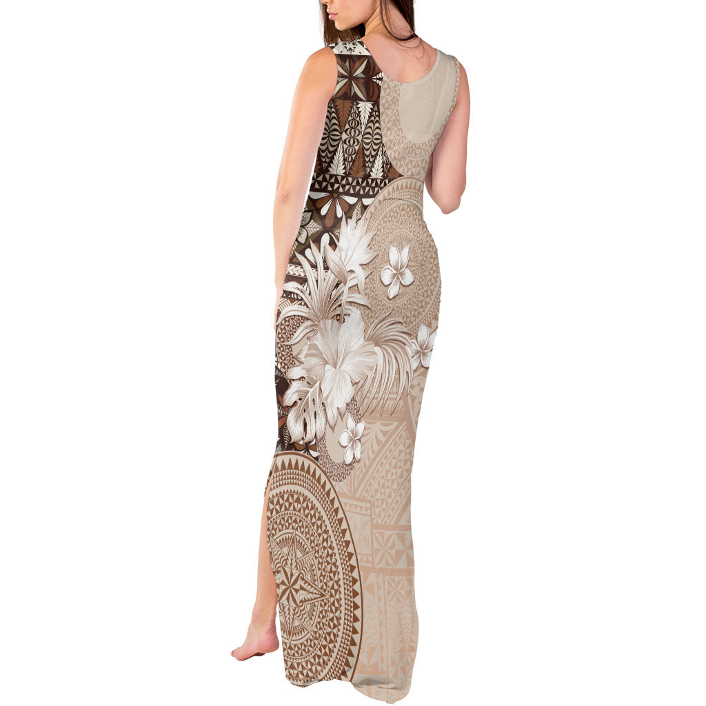 Tonga Ngatu Motifs Tank Maxi Dress With Coat Of Arms Beige