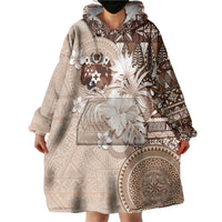 Tonga Ngatu Motifs Wearable Blanket Hoodie With Coat Of Arms Beige