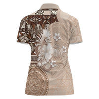 Tonga Ngatu Motifs Women Polo Shirt With Coat Of Arms Beige LT05 - Polynesian Pride
