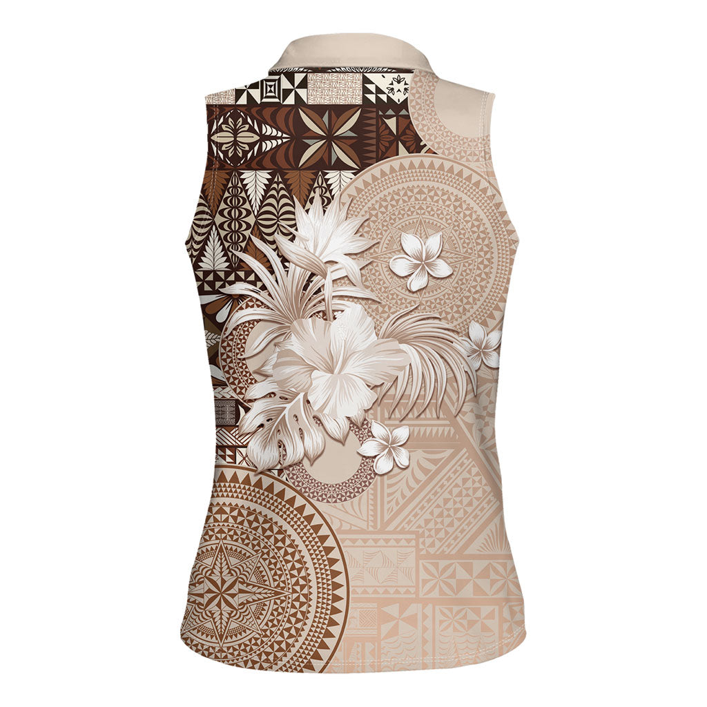 Tonga Ngatu Motifs Women Sleeveless Polo Shirt With Coat Of Arms Beige LT05 - Polynesian Pride