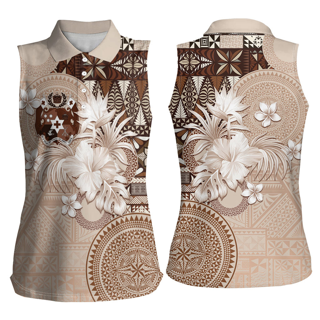Tonga Ngatu Motifs Women Sleeveless Polo Shirt With Coat Of Arms Beige LT05 - Polynesian Pride