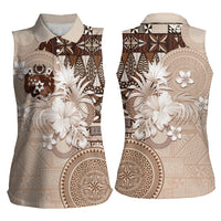 Tonga Ngatu Motifs Women Sleeveless Polo Shirt With Coat Of Arms Beige LT05 - Polynesian Pride