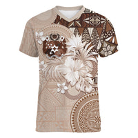 Tonga Ngatu Motifs Women V-Neck T-Shirt With Coat Of Arms Beige LT05 Female Beige - Polynesian Pride