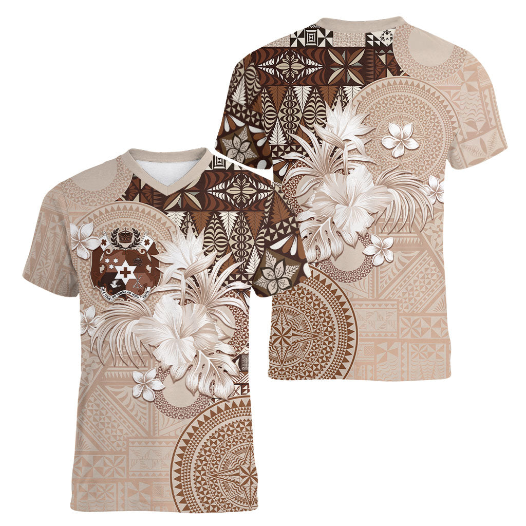 Tonga Ngatu Motifs Women V-Neck T-Shirt With Coat Of Arms Beige LT05 - Polynesian Pride