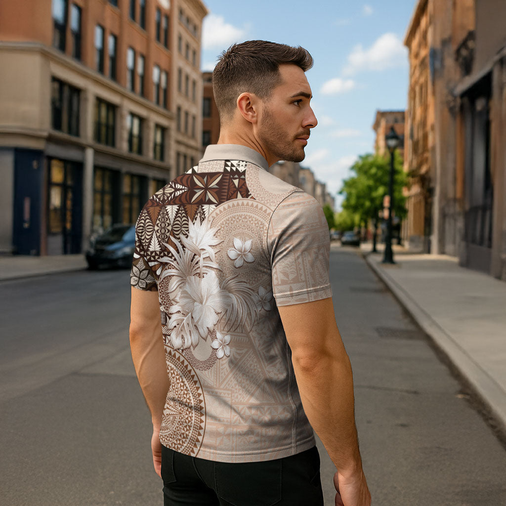 Tonga Ngatu Motifs Zipper Polo Shirt With Coat Of Arms Beige