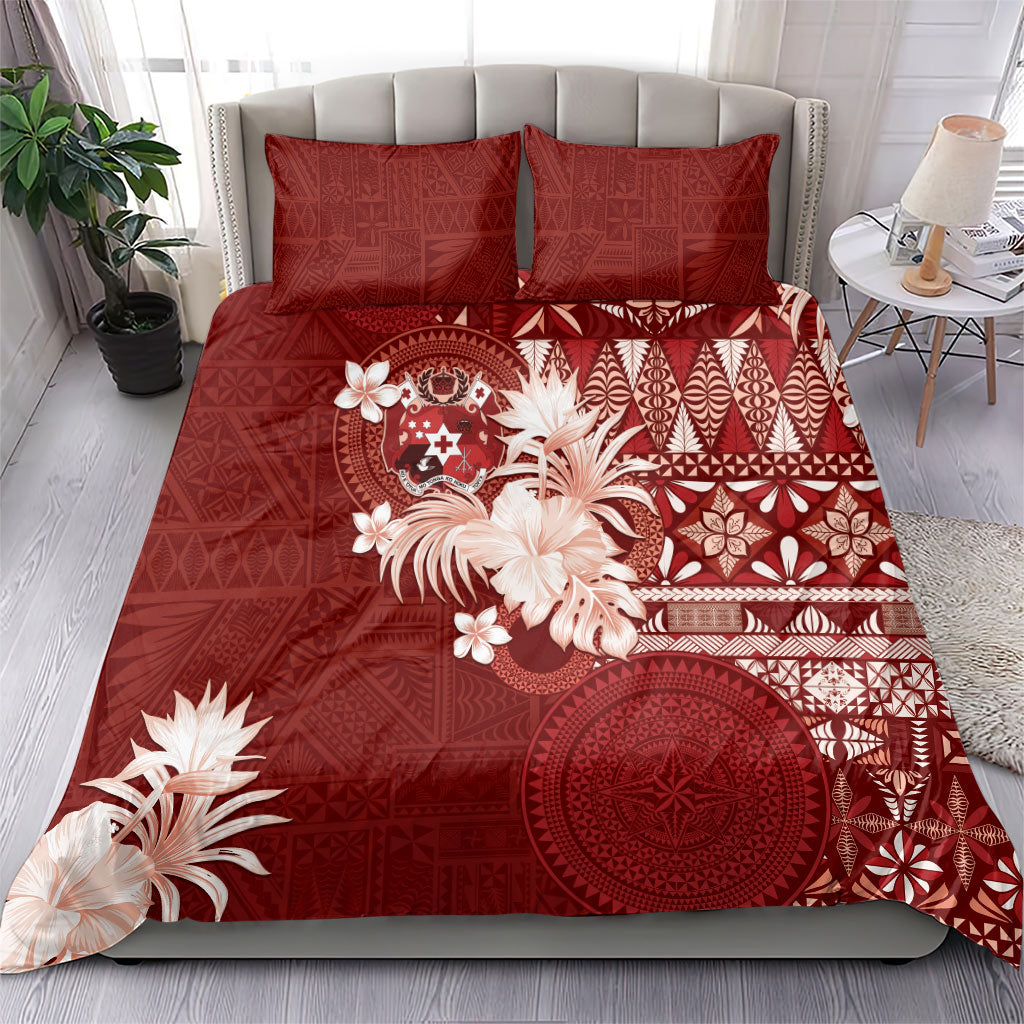 Tonga Ngatu Motifs Bedding Set With Coat Of Arms Red