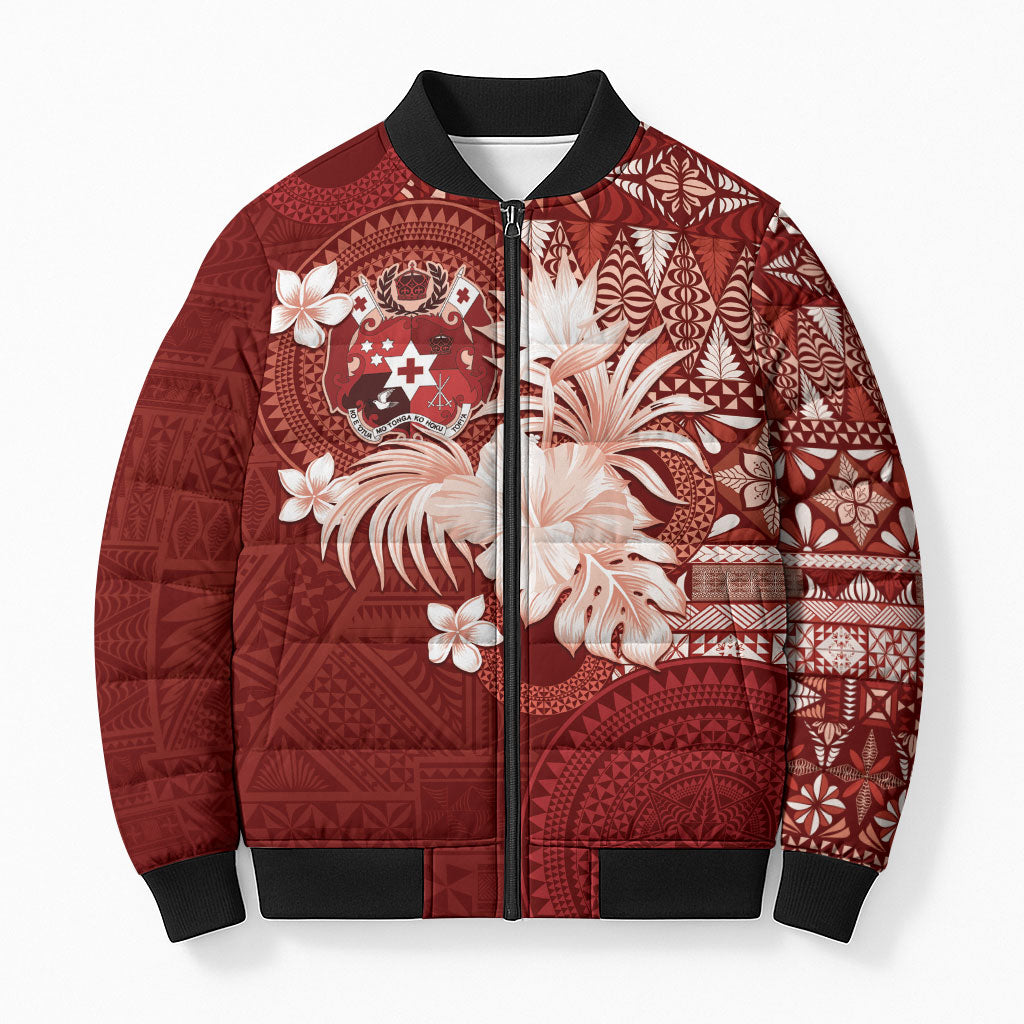 Tonga Ngatu Motifs Bomber Puffer Jacket With Coat Of Arms Red