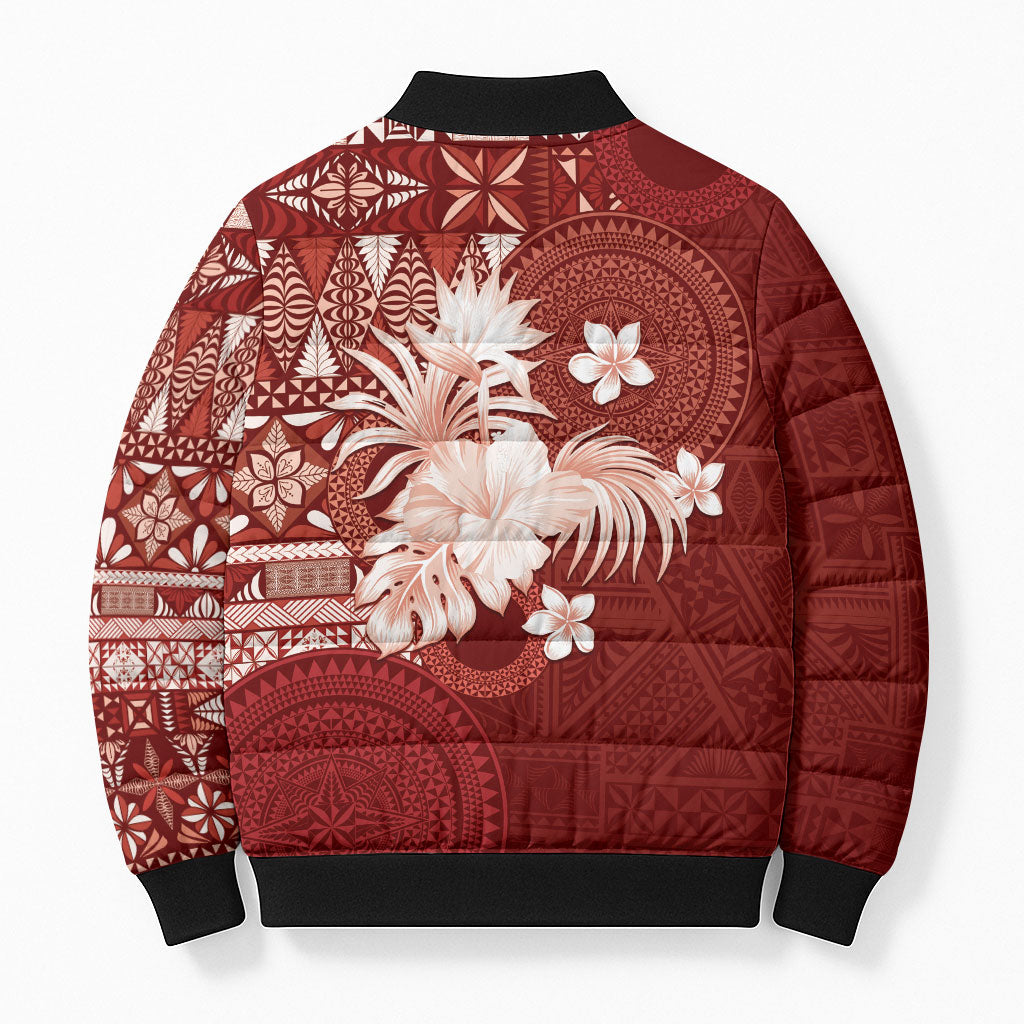Tonga Ngatu Motifs Bomber Puffer Jacket With Coat Of Arms Red