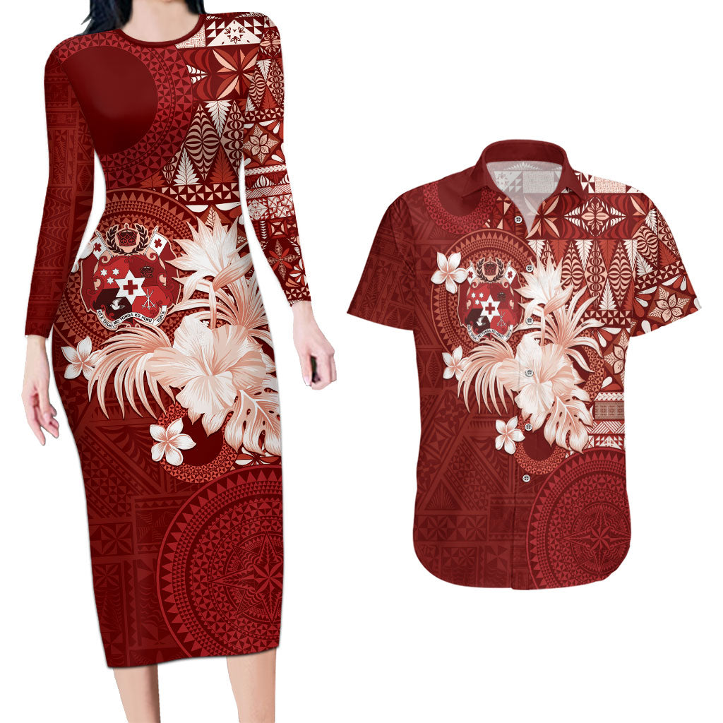 Tonga Ngatu Motifs Couples Matching Long Sleeve Bodycon Dress and Hawaiian Shirt With Coat Of Arms Red LT05 Red - Polynesian Pride