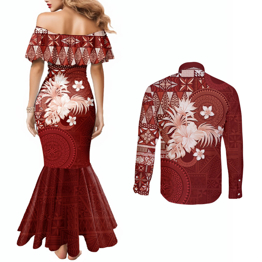 Tonga Ngatu Motifs Couples Matching Mermaid Dress and Long Sleeve Button Shirt With Coat Of Arms Red LT05 - Polynesian Pride