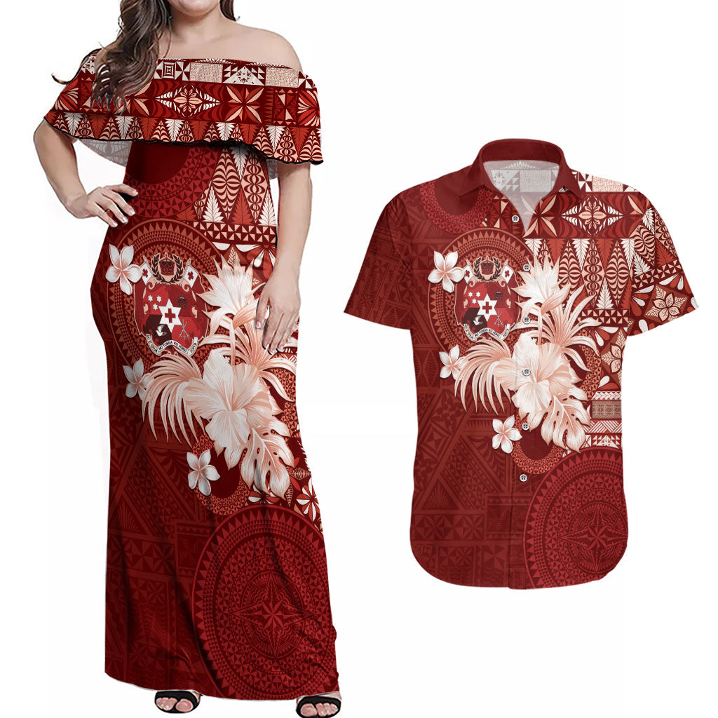 Tonga Ngatu Motifs Couples Matching Off Shoulder Maxi Dress and Hawaiian Shirt With Coat Of Arms Red LT05 Red - Polynesian Pride