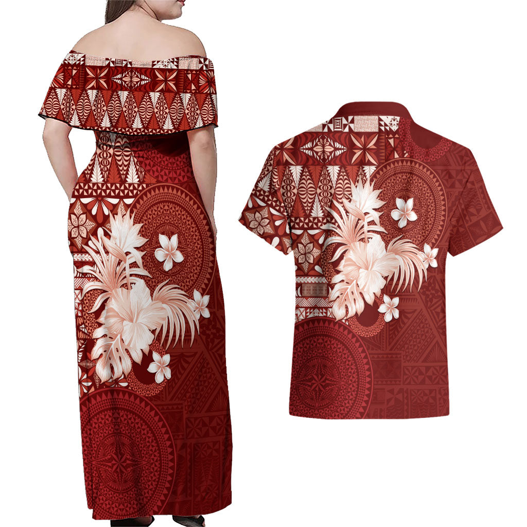 Tonga Ngatu Motifs Couples Matching Off Shoulder Maxi Dress and Hawaiian Shirt With Coat Of Arms Red LT05 - Polynesian Pride