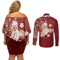 Tonga Ngatu Motifs Couples Matching Off Shoulder Short Dress and Long Sleeve Button Shirt With Coat Of Arms Red LT05 - Polynesian Pride