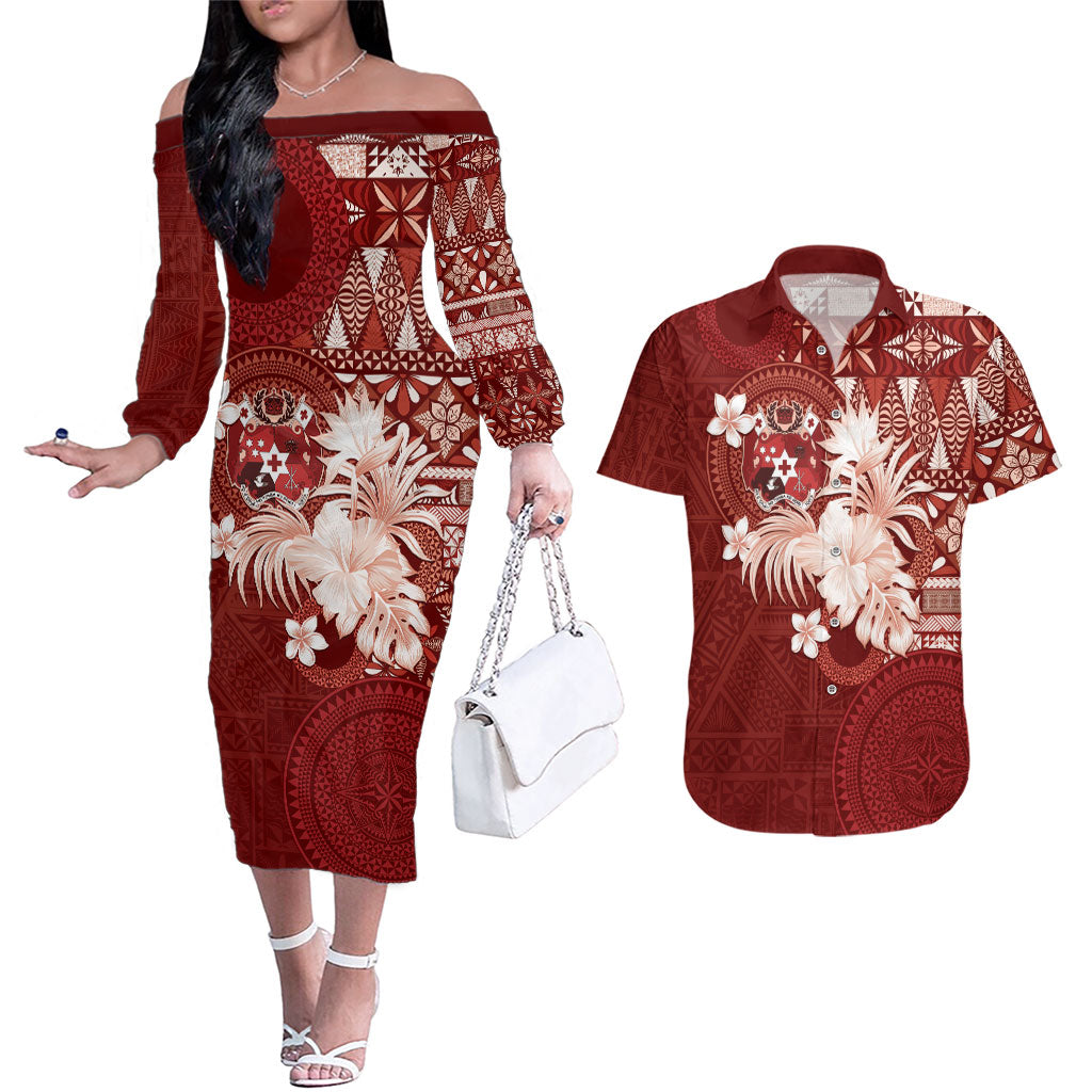 Tonga Ngatu Motifs Couples Matching Off The Shoulder Long Sleeve Dress and Hawaiian Shirt With Coat Of Arms Red LT05 Red - Polynesian Pride