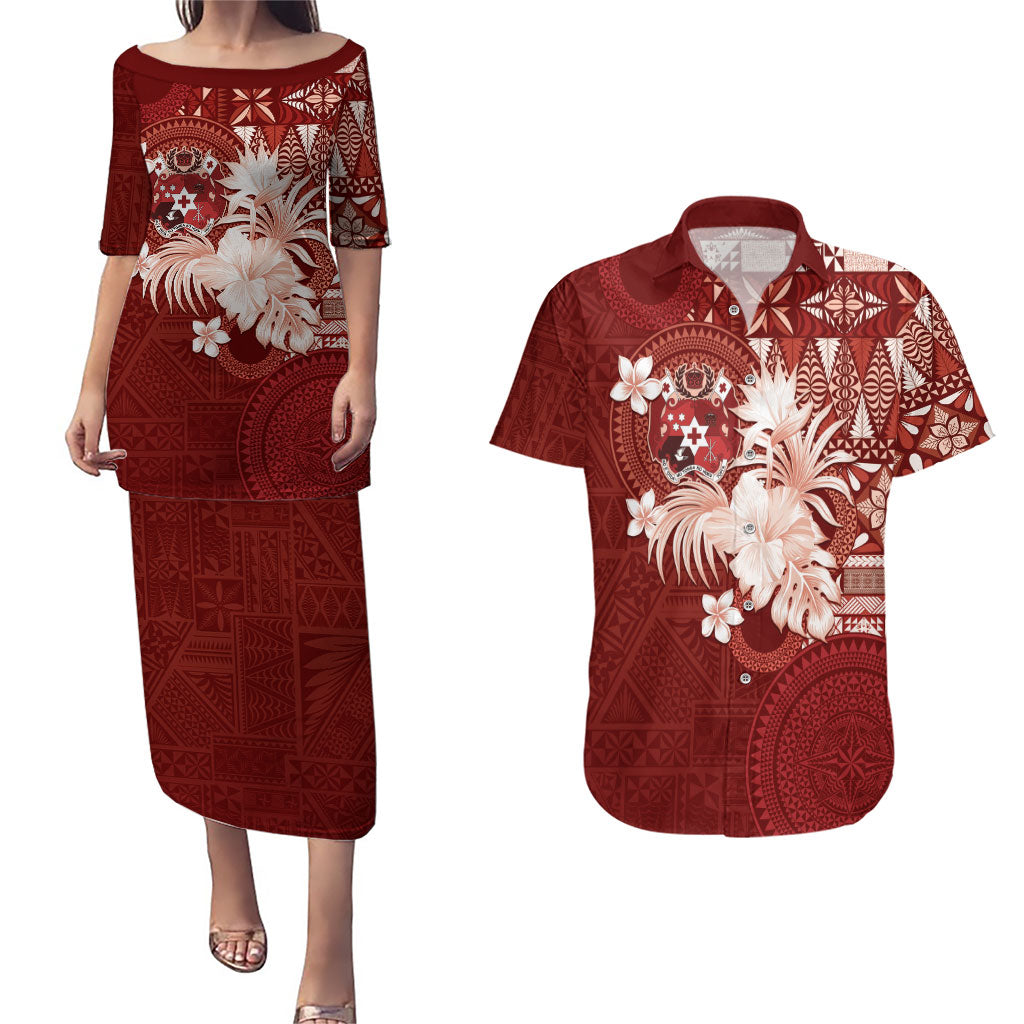 Tonga Ngatu Motifs Couples Matching Puletasi and Hawaiian Shirt With Coat Of Arms Red LT05 Red - Polynesian Pride