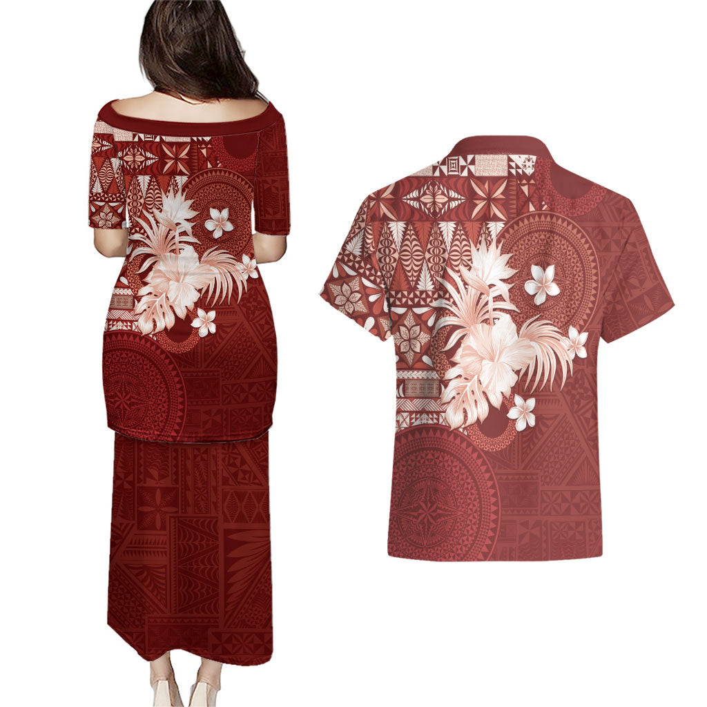 Tonga Ngatu Motifs Couples Matching Puletasi and Hawaiian Shirt With Coat Of Arms Red LT05 - Polynesian Pride
