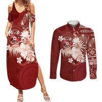Tonga Ngatu Motifs Couples Matching Summer Maxi Dress and Long Sleeve Button Shirt With Coat Of Arms Red LT05 Red - Polynesian Pride