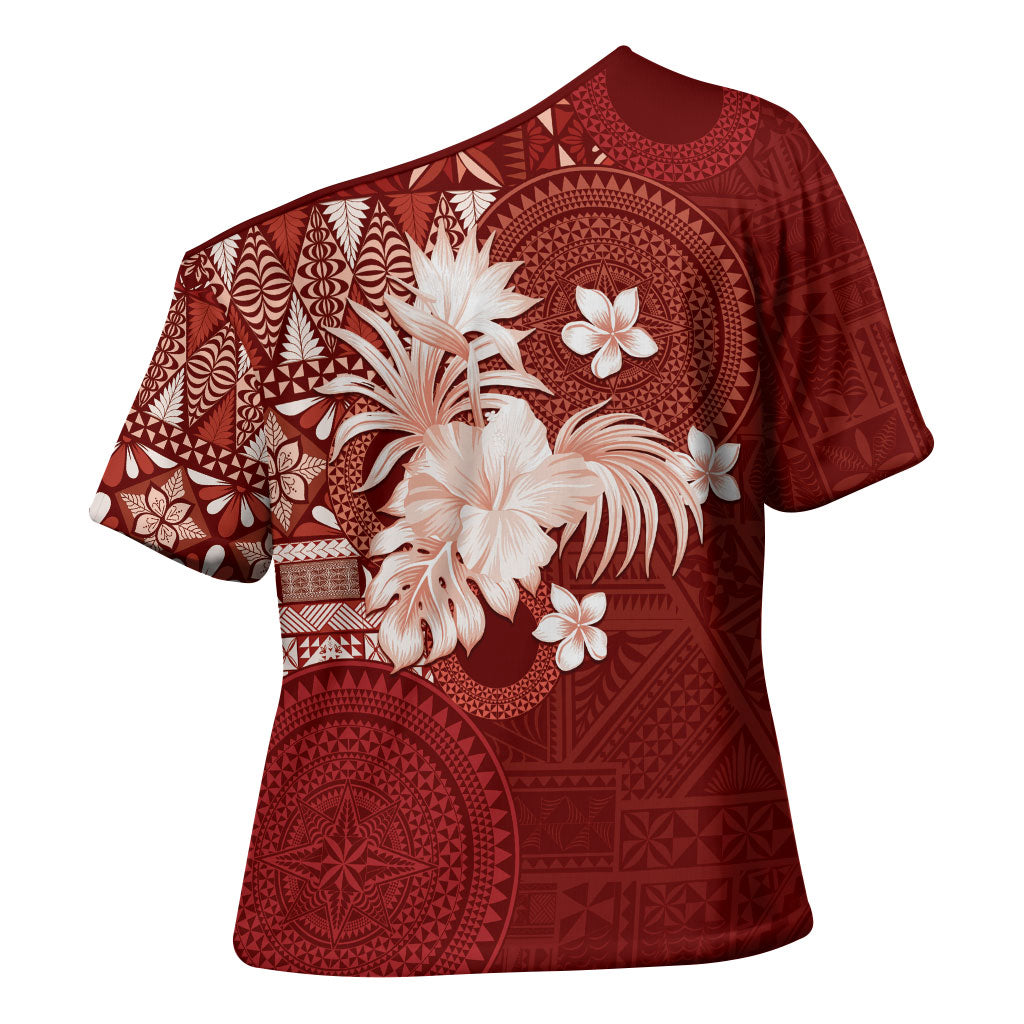 Tonga Ngatu Motifs Cross Shoulder Shirt With Coat Of Arms Red