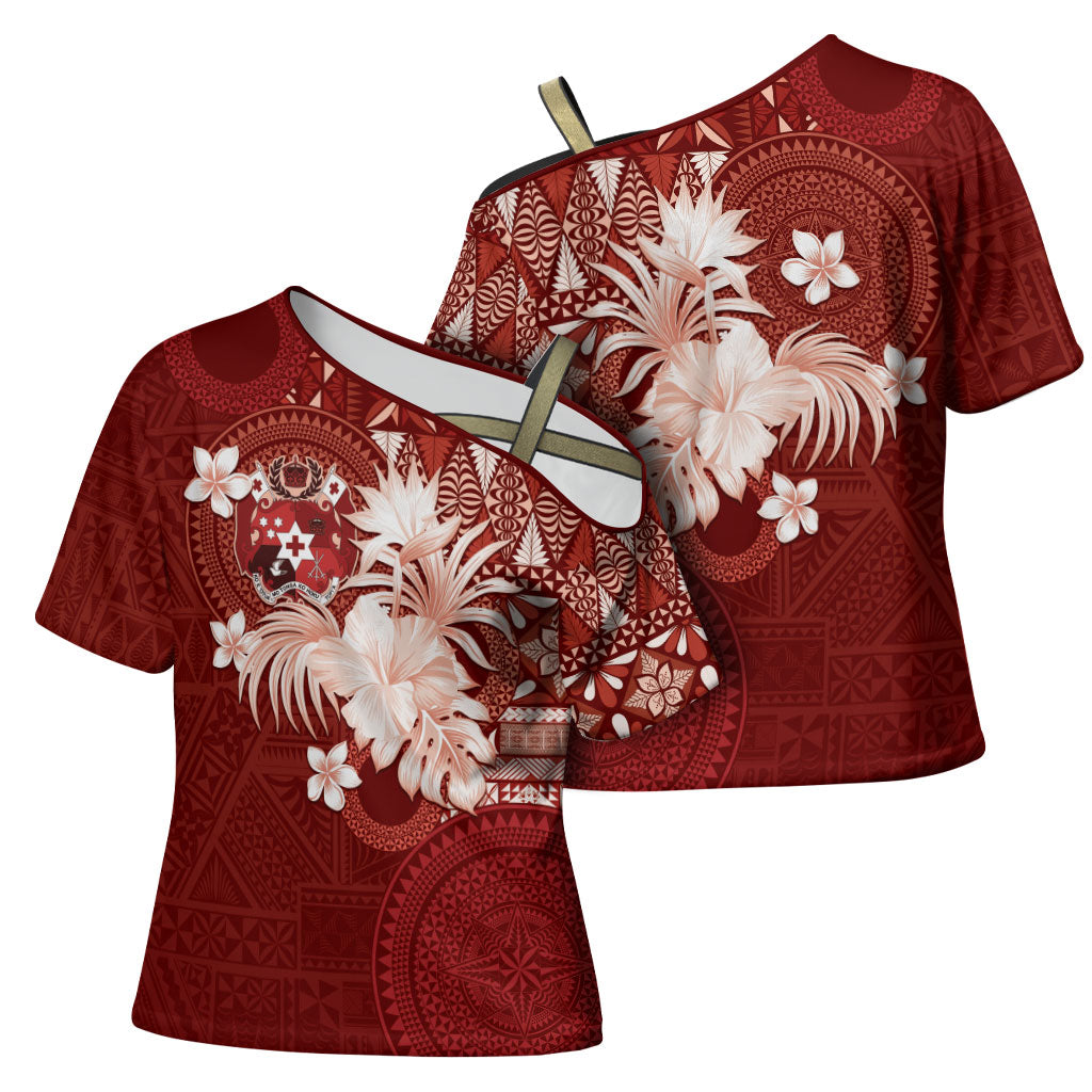 Tonga Ngatu Motifs Cross Shoulder Shirt With Coat Of Arms Red
