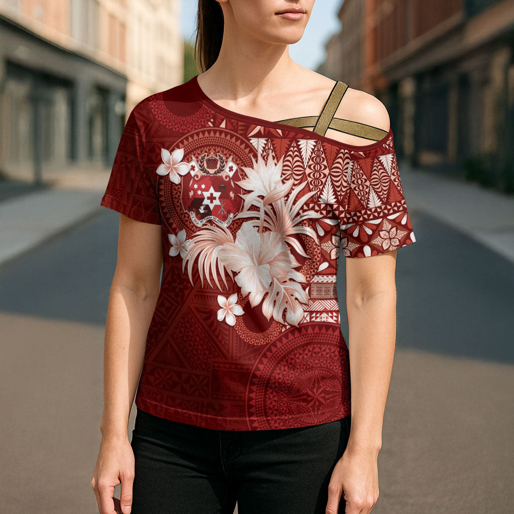Tonga Ngatu Motifs Cross Shoulder Shirt With Coat Of Arms Red