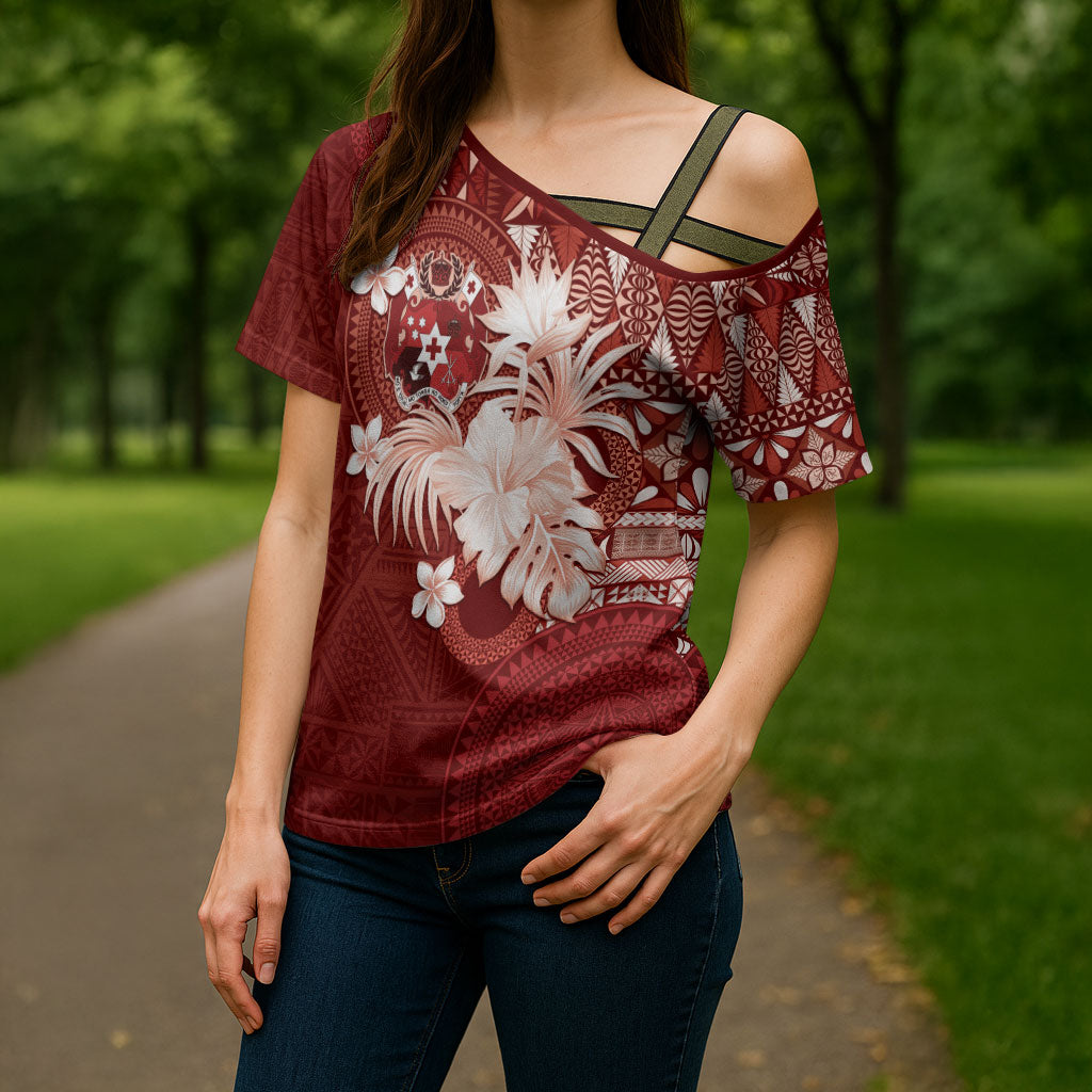 Tonga Ngatu Motifs Cross Shoulder Shirt With Coat Of Arms Red