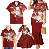 Tonga Ngatu Motifs Family Matching Mermaid Dress and Hawaiian Shirt With Coat Of Arms Red LT05 - Polynesian Pride