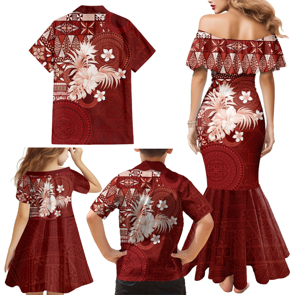 Tonga Ngatu Motifs Family Matching Mermaid Dress and Hawaiian Shirt With Coat Of Arms Red LT05 - Polynesian Pride