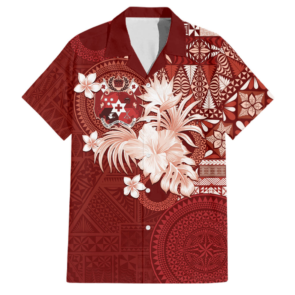 Tonga Ngatu Motifs Family Matching Mermaid Dress and Hawaiian Shirt With Coat Of Arms Red LT05 Dad's Shirt - Short Sleeve Red - Polynesian Pride