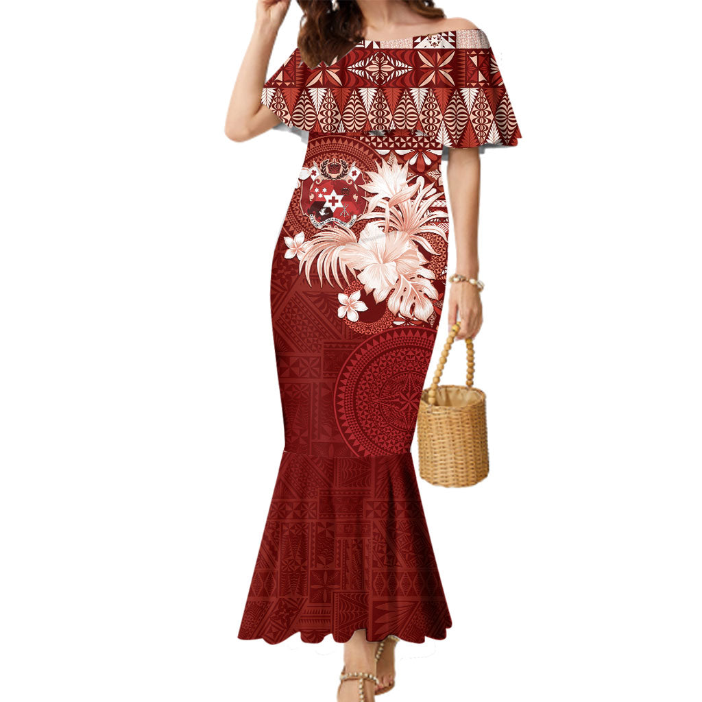 Tonga Ngatu Motifs Family Matching Mermaid Dress and Hawaiian Shirt With Coat Of Arms Red LT05 Mom's Dress Red - Polynesian Pride