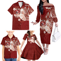 Tonga Ngatu Motifs Family Matching Off The Shoulder Long Sleeve Dress and Hawaiian Shirt With Coat Of Arms Red LT05 - Polynesian Pride