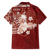 Tonga Ngatu Motifs Family Matching Off The Shoulder Long Sleeve Dress and Hawaiian Shirt With Coat Of Arms Red LT05 - Polynesian Pride